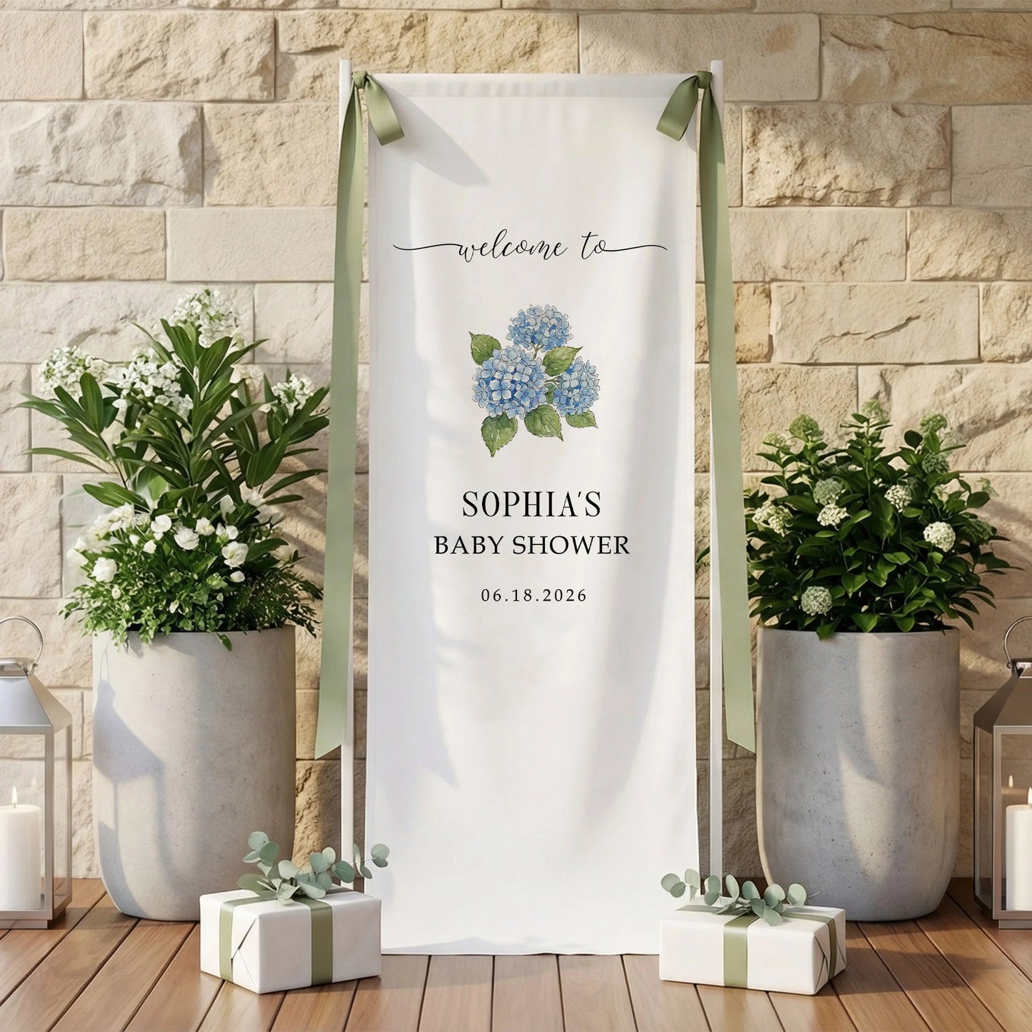 Floral Baby Shower Banner Stand Personalized Custom Name Blue Hydrangea Welcome Sign Decor
