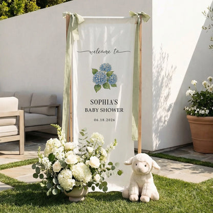 Floral Baby Shower Banner Stand Personalized Custom Name Blue Hydrangea Welcome Sign Decor