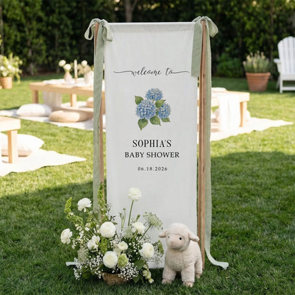 Floral Baby Shower Banner Stand Personalized Custom Name Blue Hydrangea Welcome Sign Decor