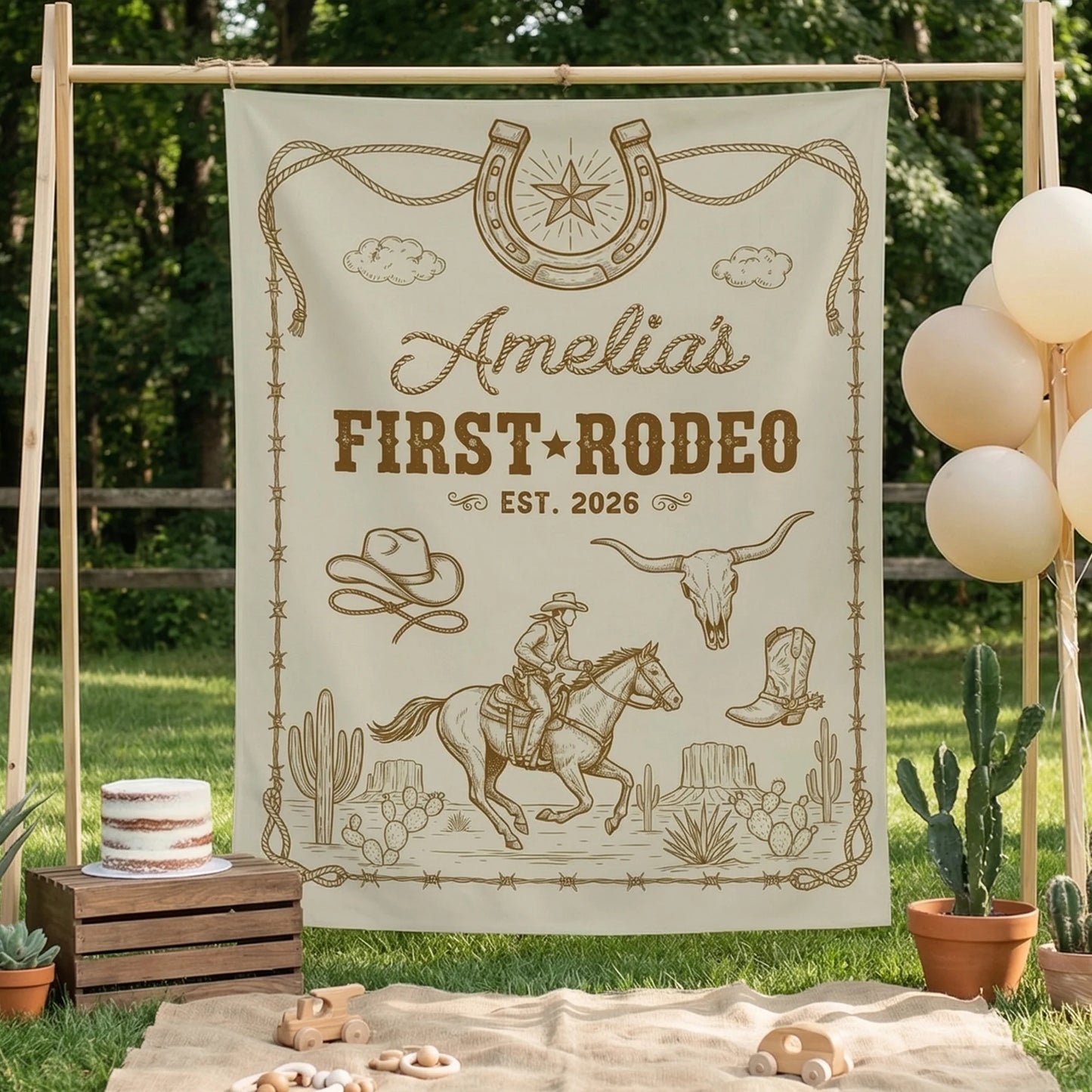 First Rodeo Birthday Banner Personalized Cowgirl First Birthday Backdrop Western Birthday Tapestry