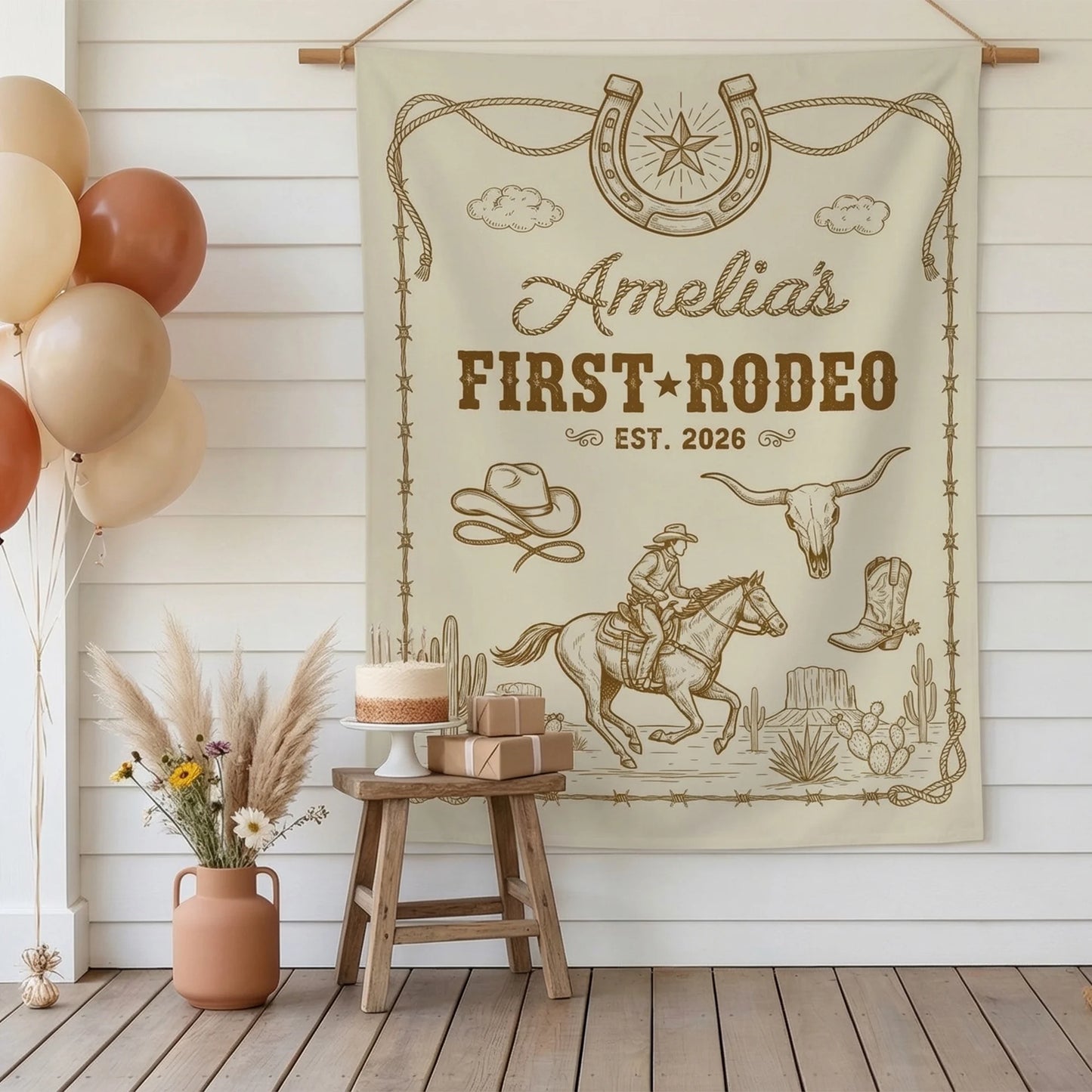 First Rodeo Birthday Banner Personalized Cowgirl First Birthday Backdrop Western Birthday Tapestry