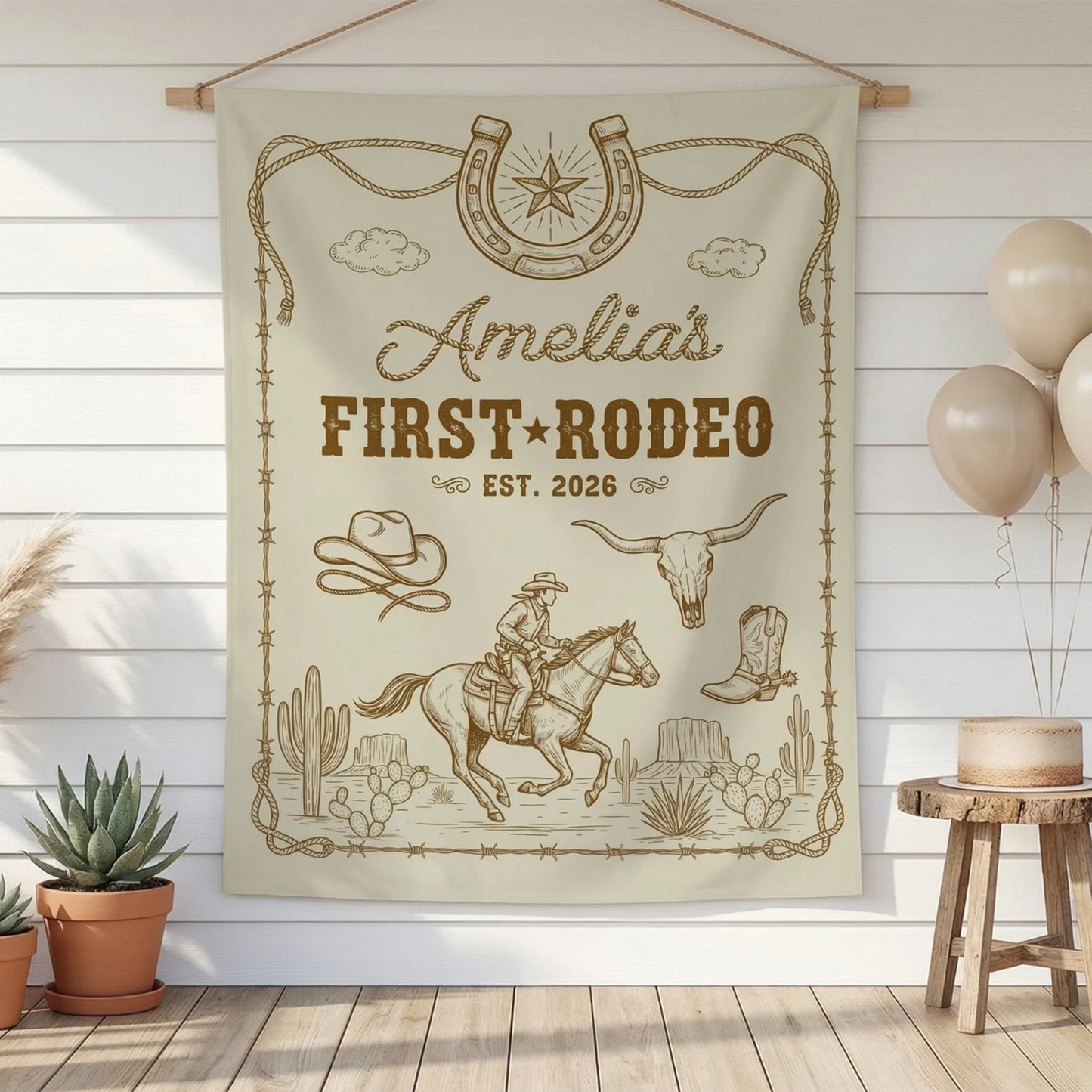 First Rodeo Birthday Banner Personalized Cowgirl First Birthday Backdrop Western Birthday Tapestry