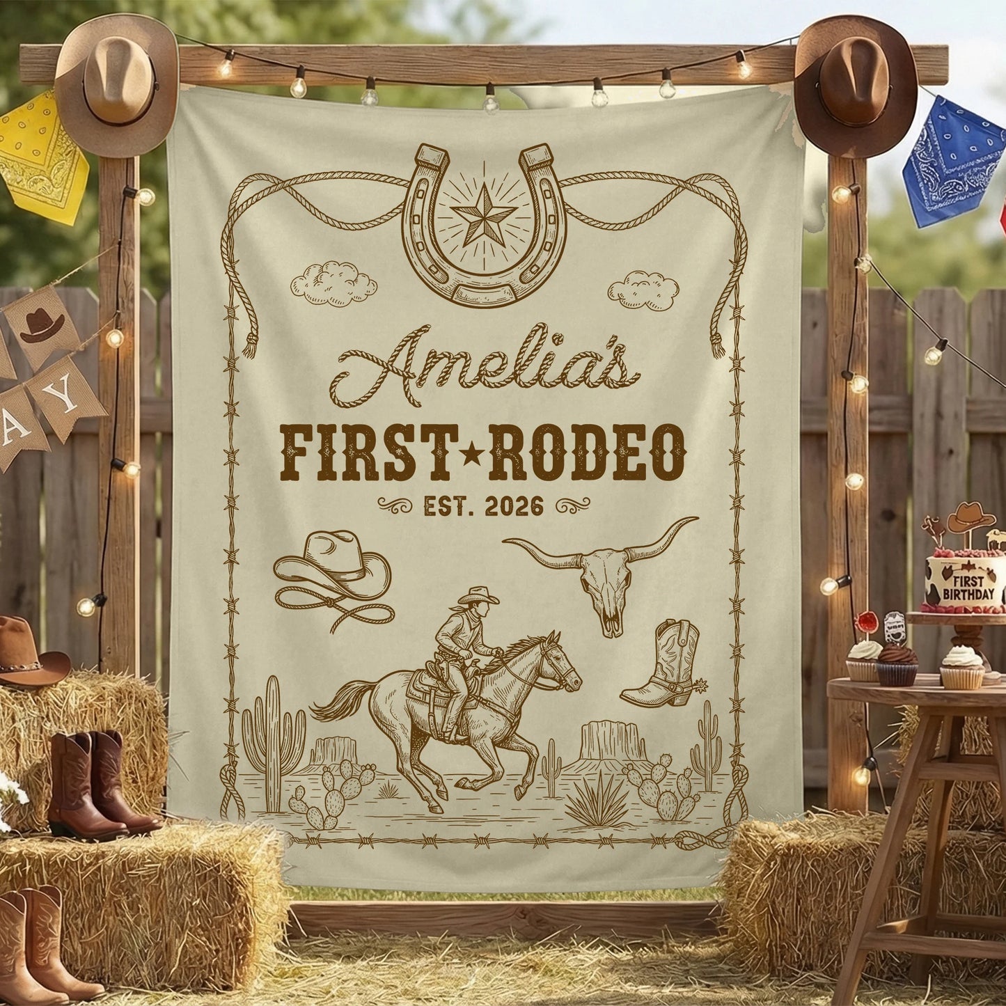 First Rodeo Birthday Banner Personalized Cowgirl First Birthday Backdrop Western Birthday Tapestry