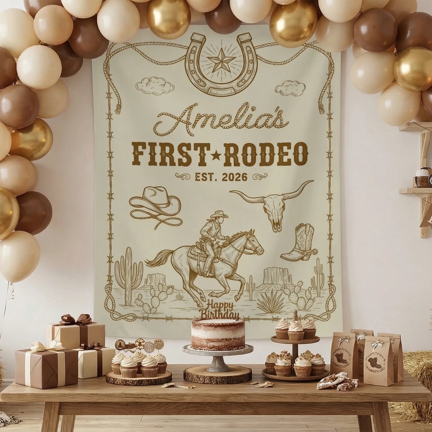 First Rodeo Birthday Banner Personalized Cowgirl First Birthday Backdrop Western Birthday Tapestry