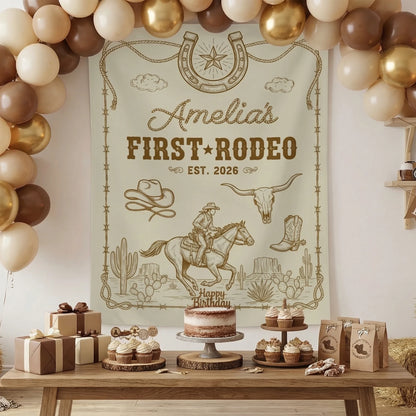 First Rodeo Birthday Banner Personalized Cowgirl First Birthday Backdrop Western Birthday Tapestry