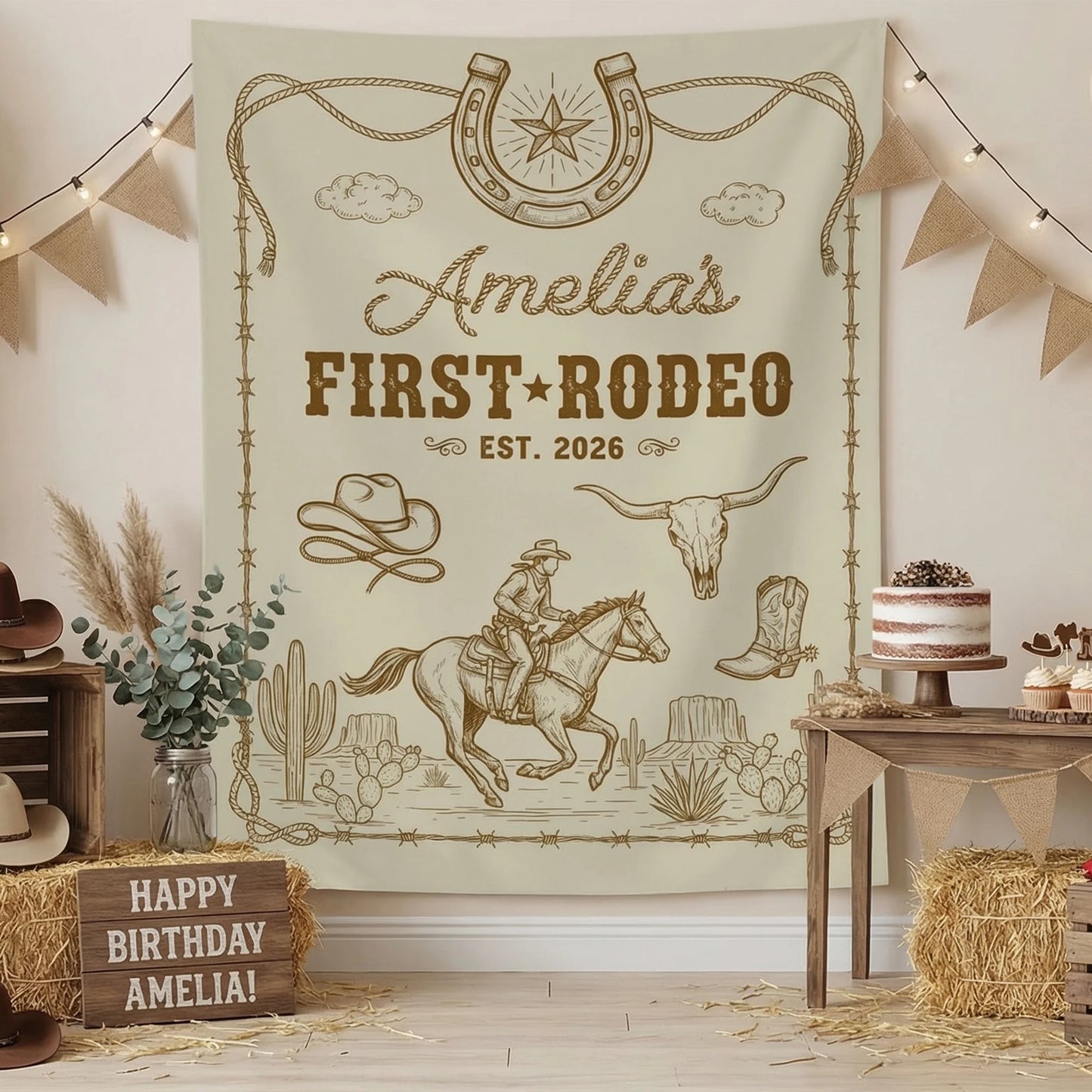 First Rodeo Birthday Banner Personalized Cowgirl First Birthday Backdrop Western Birthday Tapestry