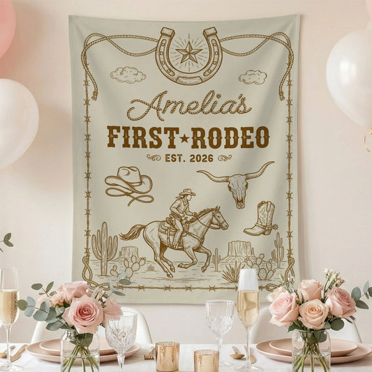 First Rodeo Birthday Banner Personalized Cowgirl First Birthday Backdrop Western Birthday Tapestry