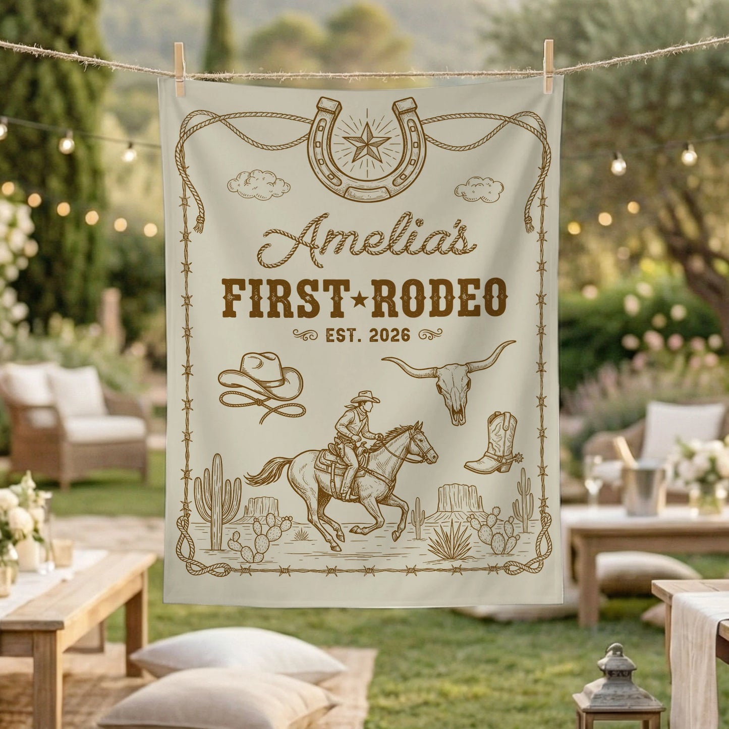 First Rodeo Birthday Banner Personalized Cowgirl First Birthday Backdrop Western Birthday Tapestry