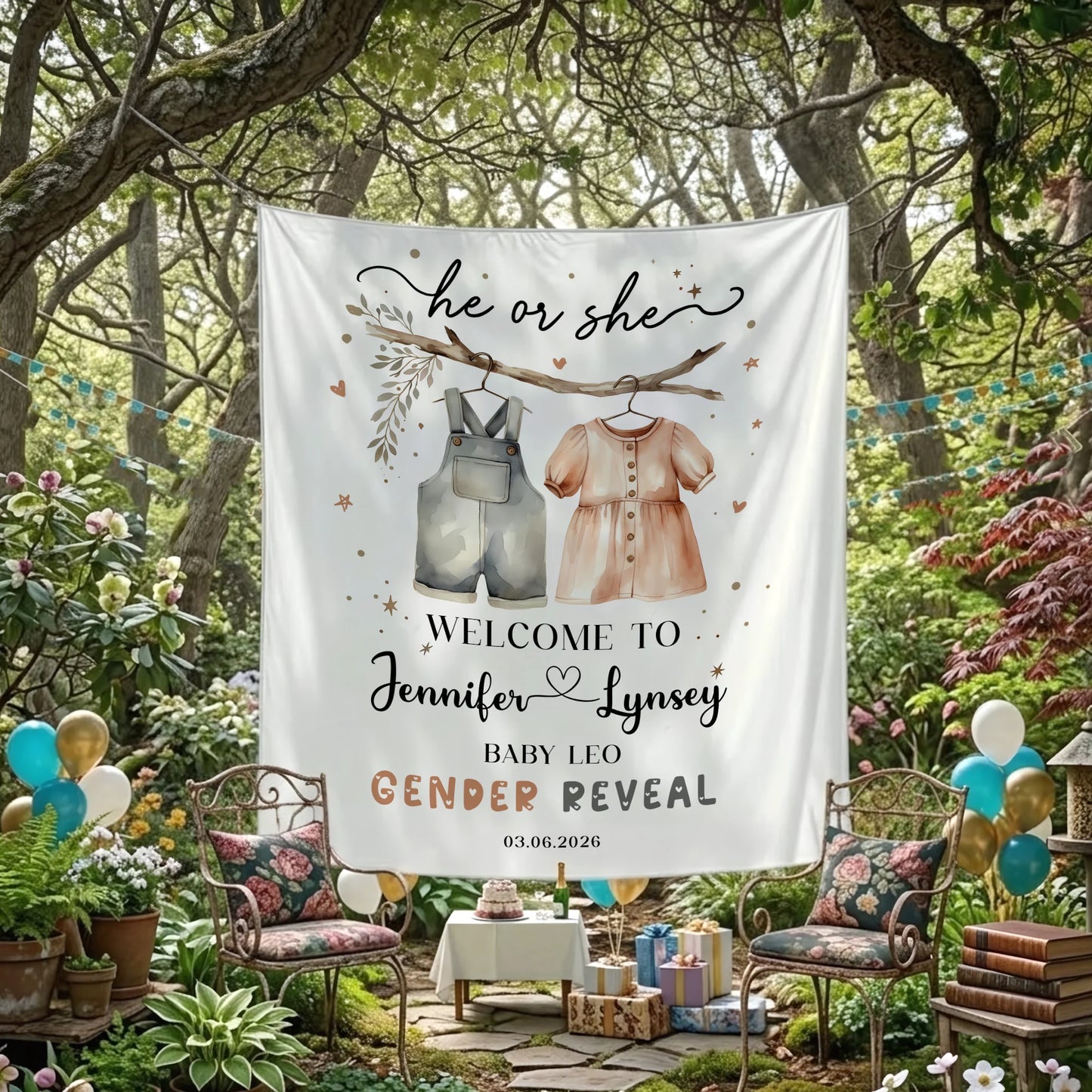Boho Gender Reveal Baby Shower Tapestry Personalized Custom Name Baby Reveal Banner Backdrop