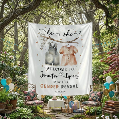 Boho Gender Reveal Baby Shower Tapestry Personalized Custom Name Baby Reveal Banner Backdrop