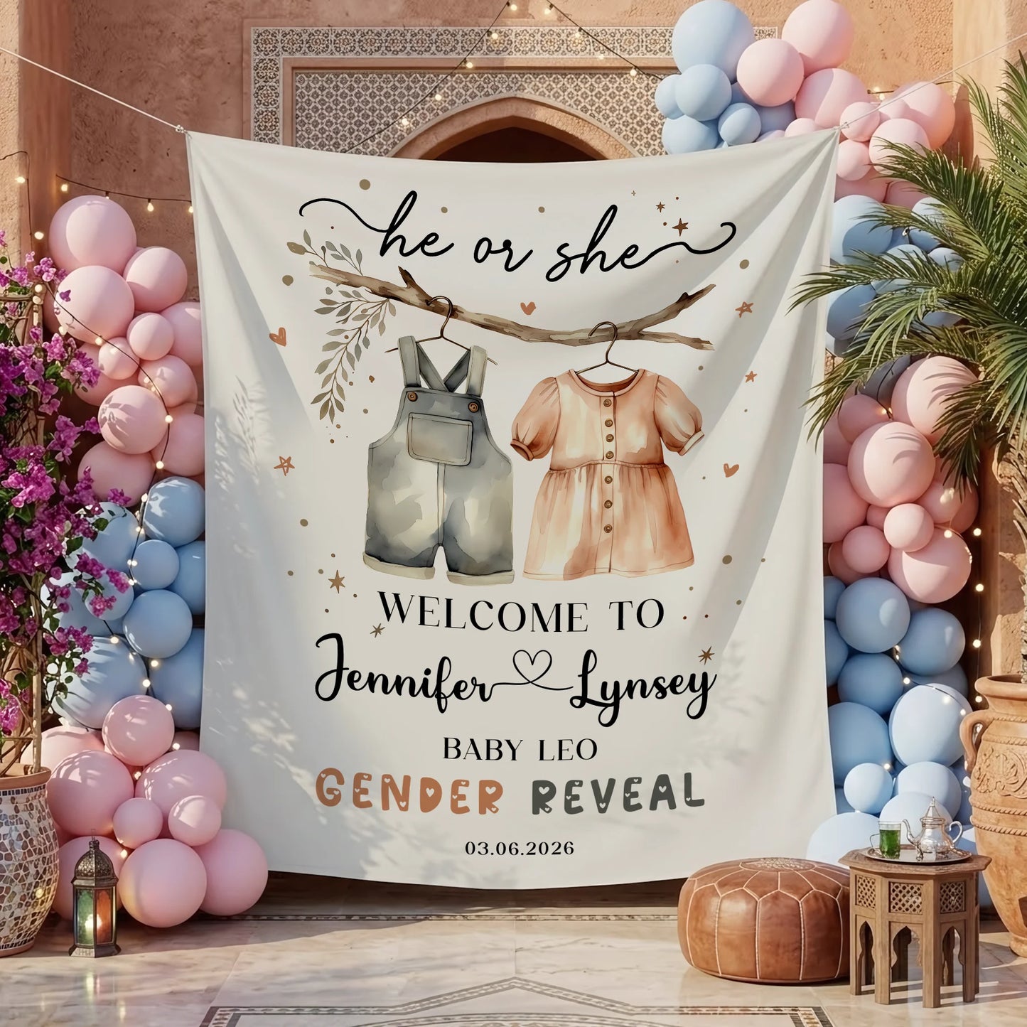 Boho Gender Reveal Baby Shower Tapestry Personalized Custom Name Baby Reveal Banner Backdrop