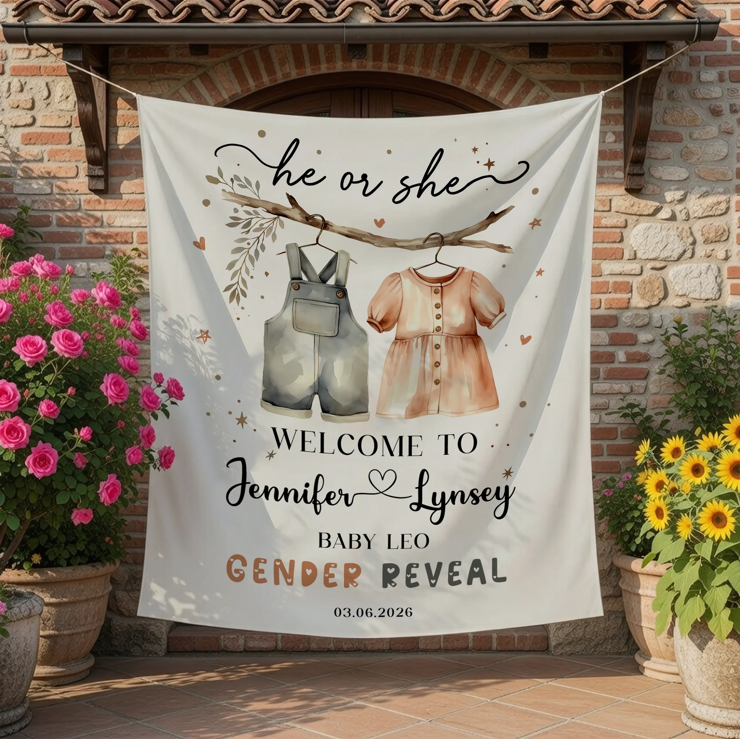 Boho Gender Reveal Baby Shower Tapestry Personalized Custom Name Baby Reveal Banner Backdrop