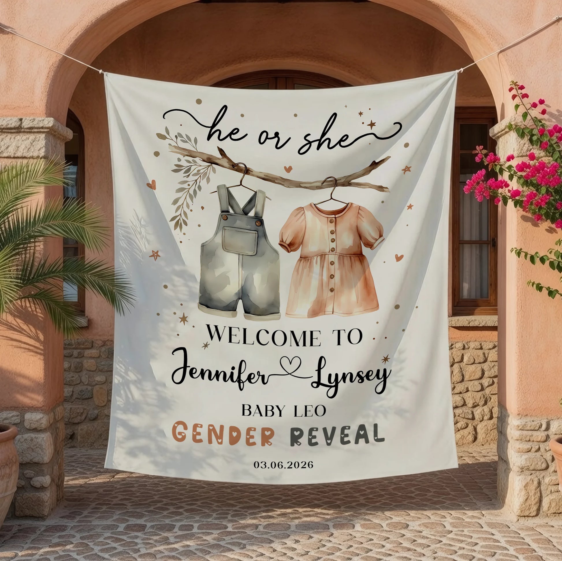 Boho Gender Reveal Baby Shower Tapestry Personalized Custom Name Baby Reveal Banner Backdrop