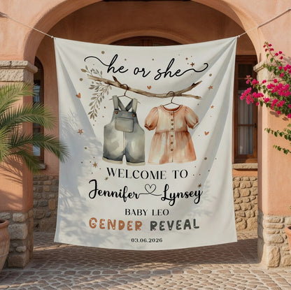 Boho Gender Reveal Baby Shower Tapestry Personalized Custom Name Baby Reveal Banner Backdrop