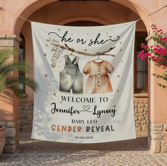Boho Gender Reveal Baby Shower Tapestry Personalized Custom Name Baby Reveal Banner Backdrop