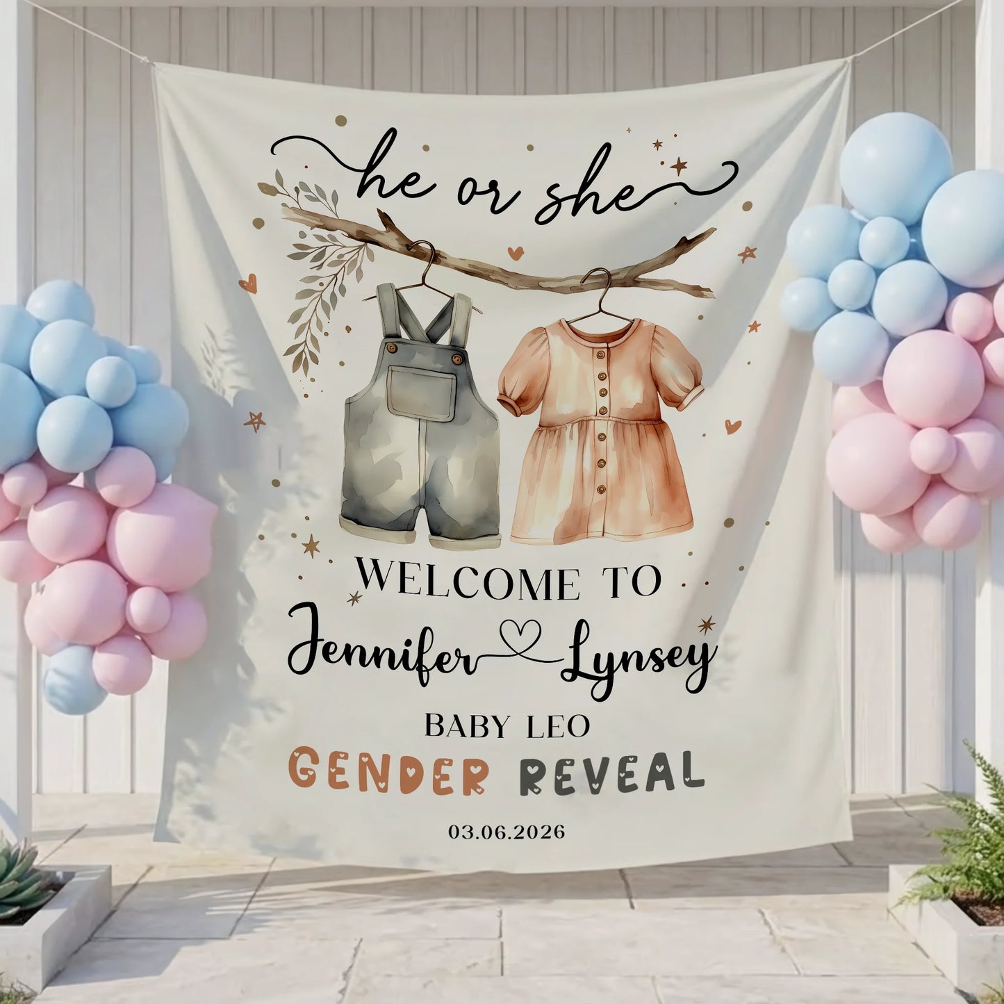 Boho Gender Reveal Baby Shower Tapestry Personalized Custom Name Baby Reveal Banner Backdrop