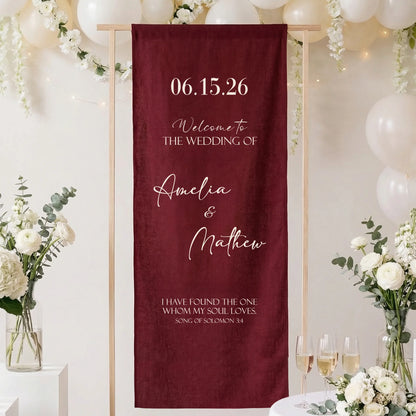 Burgundy Wedding Banner Stand Personalized Wedding Welcome Sign Custom Name Linen Wedding Decor