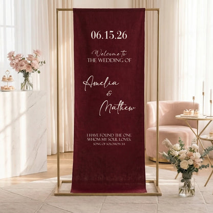 Burgundy Wedding Banner Stand Personalized Wedding Welcome Sign Custom Name Linen Wedding Decor