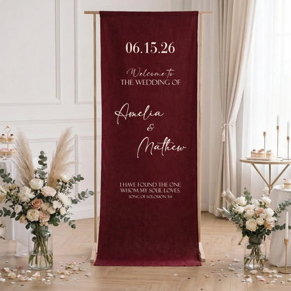 Burgundy Wedding Banner Stand Personalized Wedding Welcome Sign Custom Name Linen Wedding Decor
