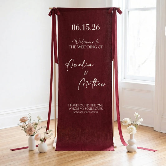 Burgundy Wedding Banner Stand Personalized Wedding Welcome Sign Custom Name Linen Wedding Decor