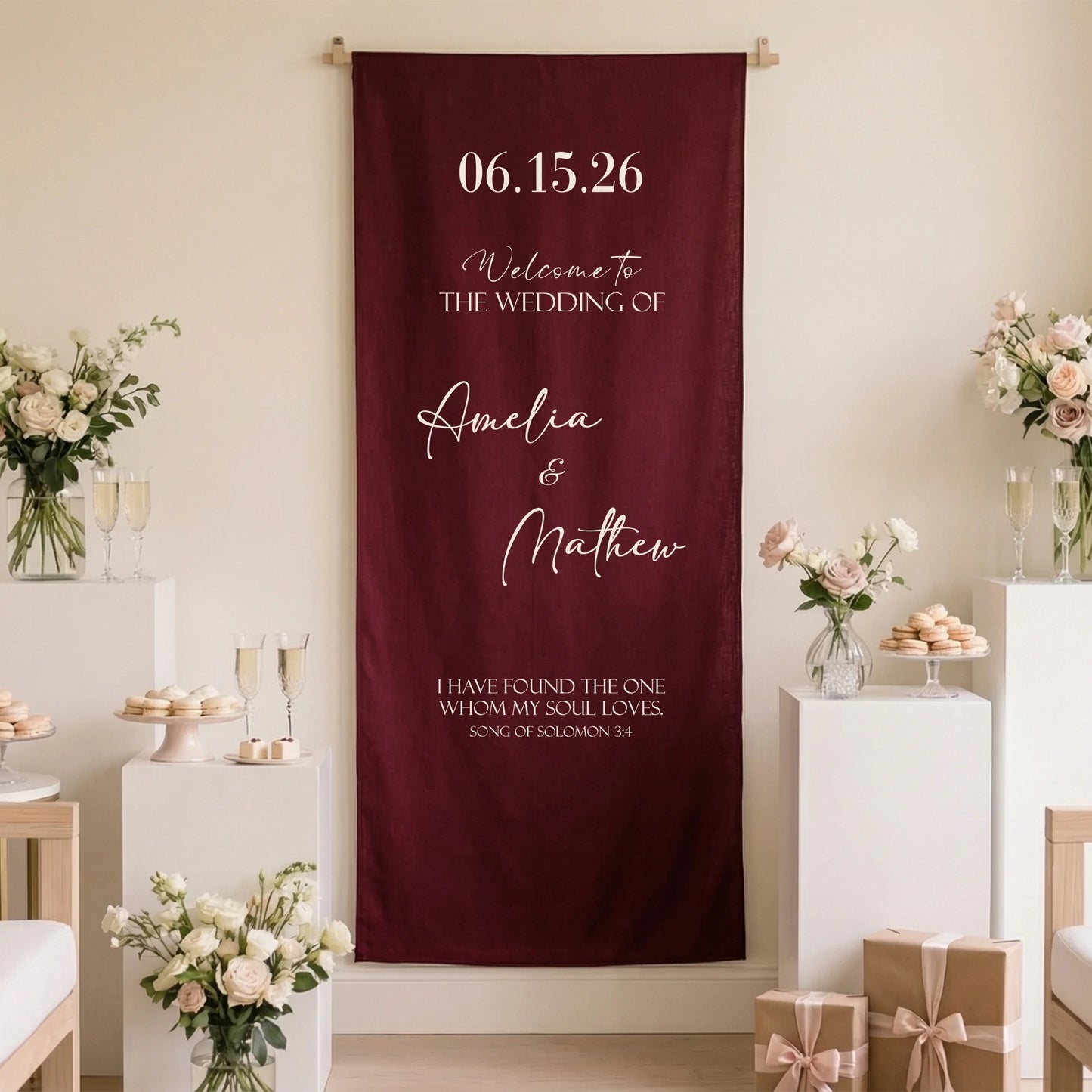 Burgundy Wedding Banner Stand Personalized Wedding Welcome Sign Custom Name Linen Wedding Decor