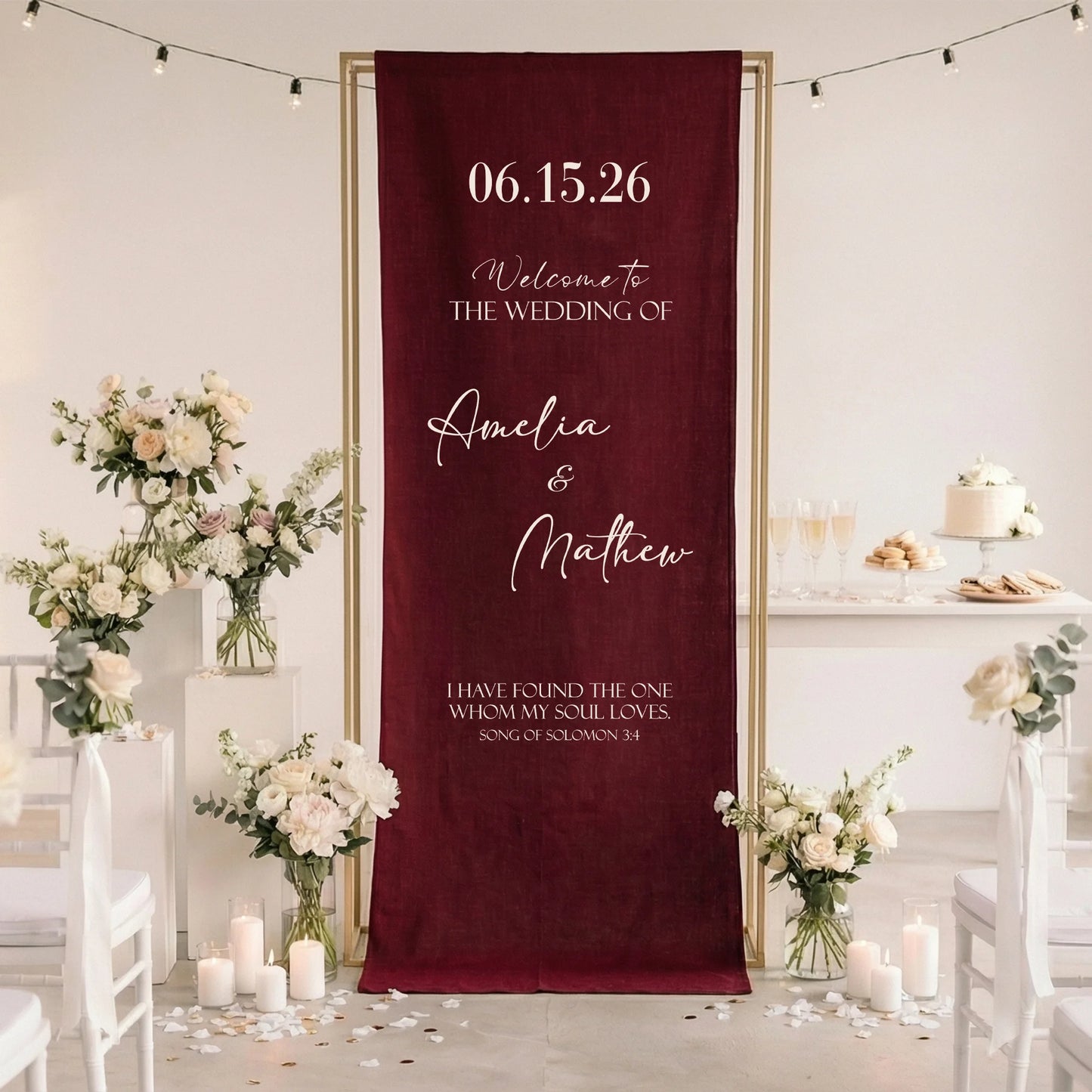 Burgundy Wedding Banner Stand Personalized Wedding Welcome Sign Custom Name Linen Wedding Decor