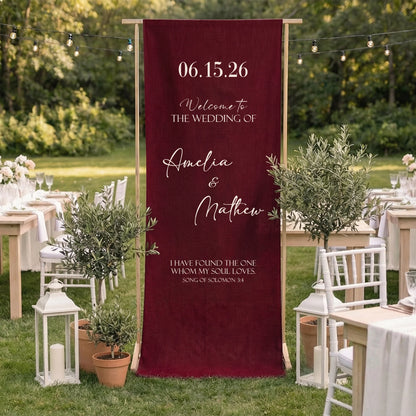 Burgundy Wedding Banner Stand Personalized Wedding Welcome Sign Custom Name Linen Wedding Decor