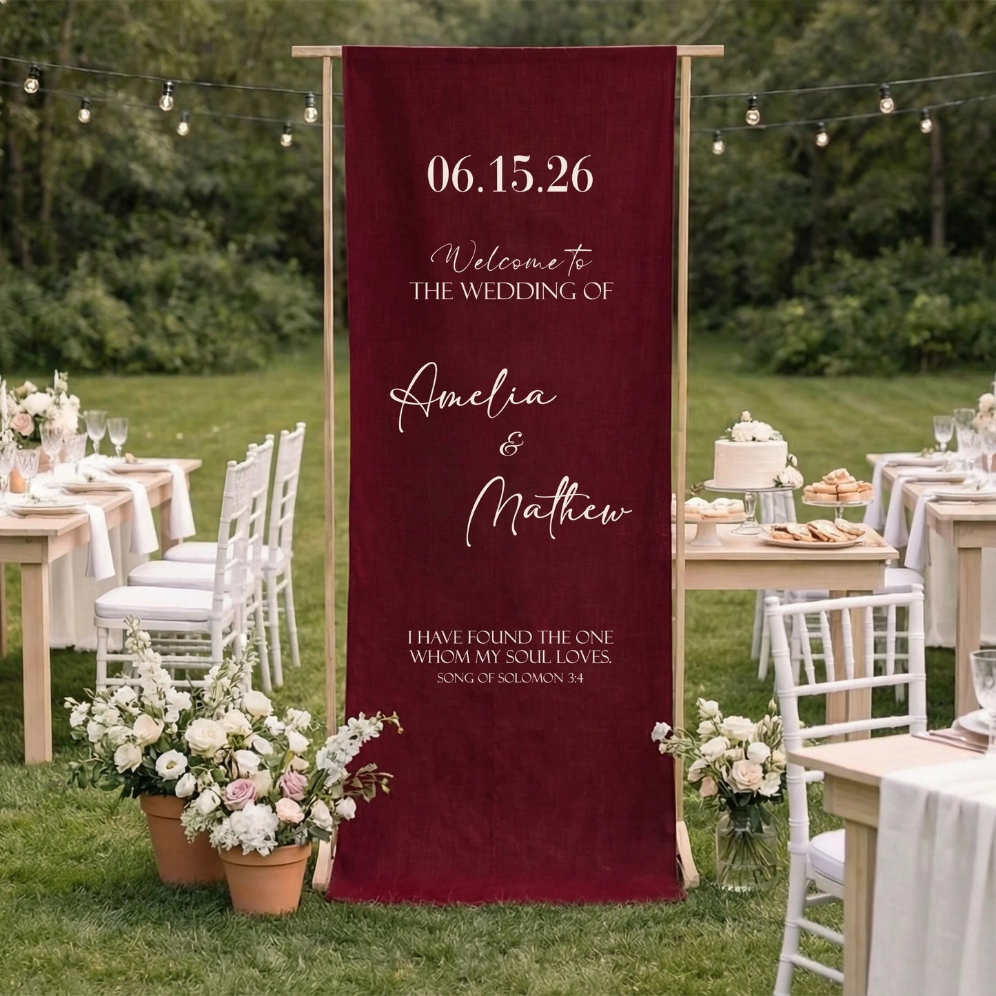 Burgundy Wedding Banner Stand Personalized Wedding Welcome Sign Custom Name Linen Wedding Decor