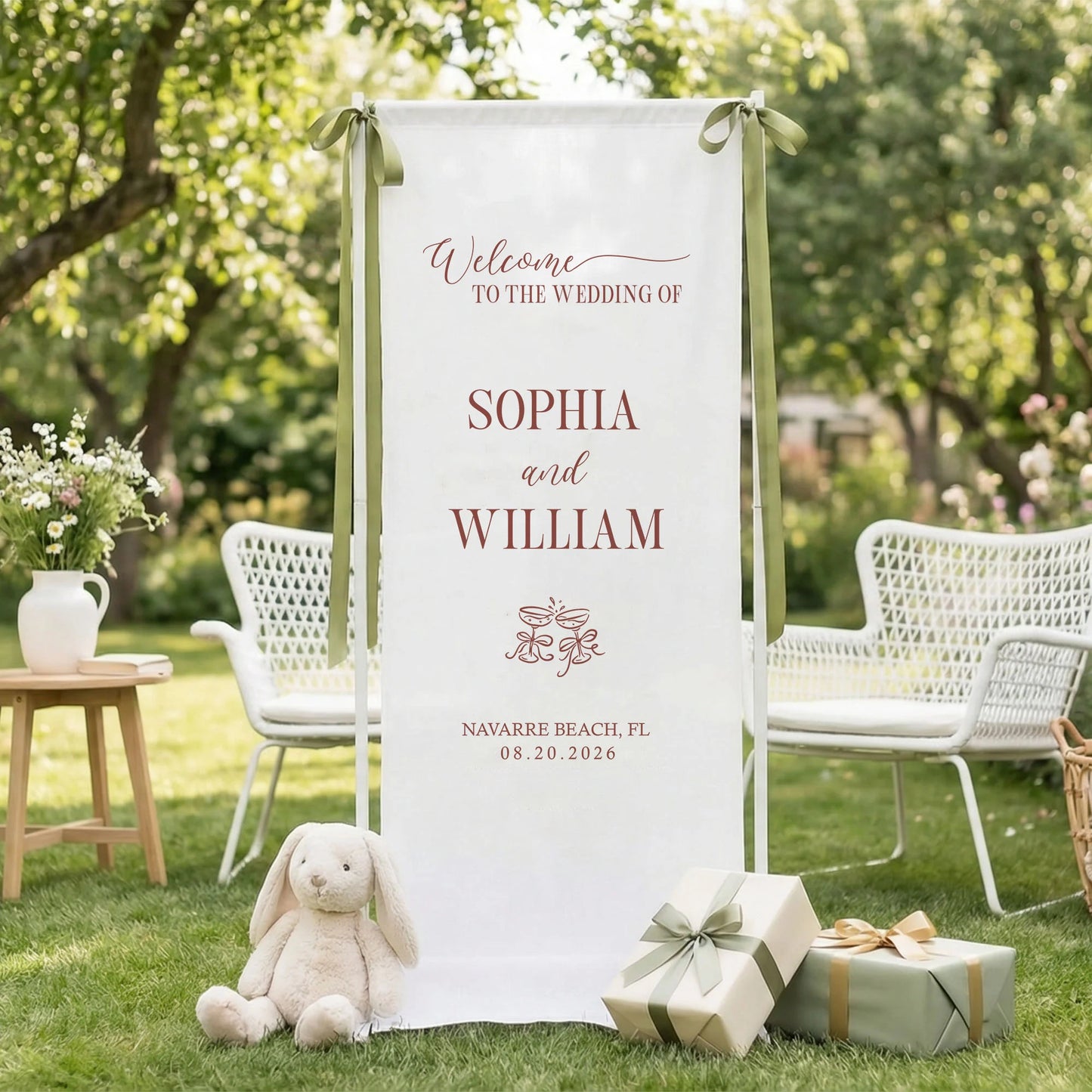Floral Wedding Banner Stand Personalized Wedding Welcome Sign Custom Name Linen Wedding Decor