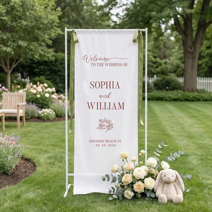 Floral Wedding Banner Stand Personalized Wedding Welcome Sign Custom Name Linen Wedding Decor