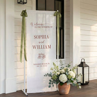 Floral Wedding Banner Stand Personalized Wedding Welcome Sign Custom Name Linen Wedding Decor