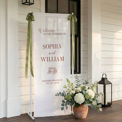 Floral Wedding Banner Stand Personalized Wedding Welcome Sign Custom Name Linen Wedding Decor