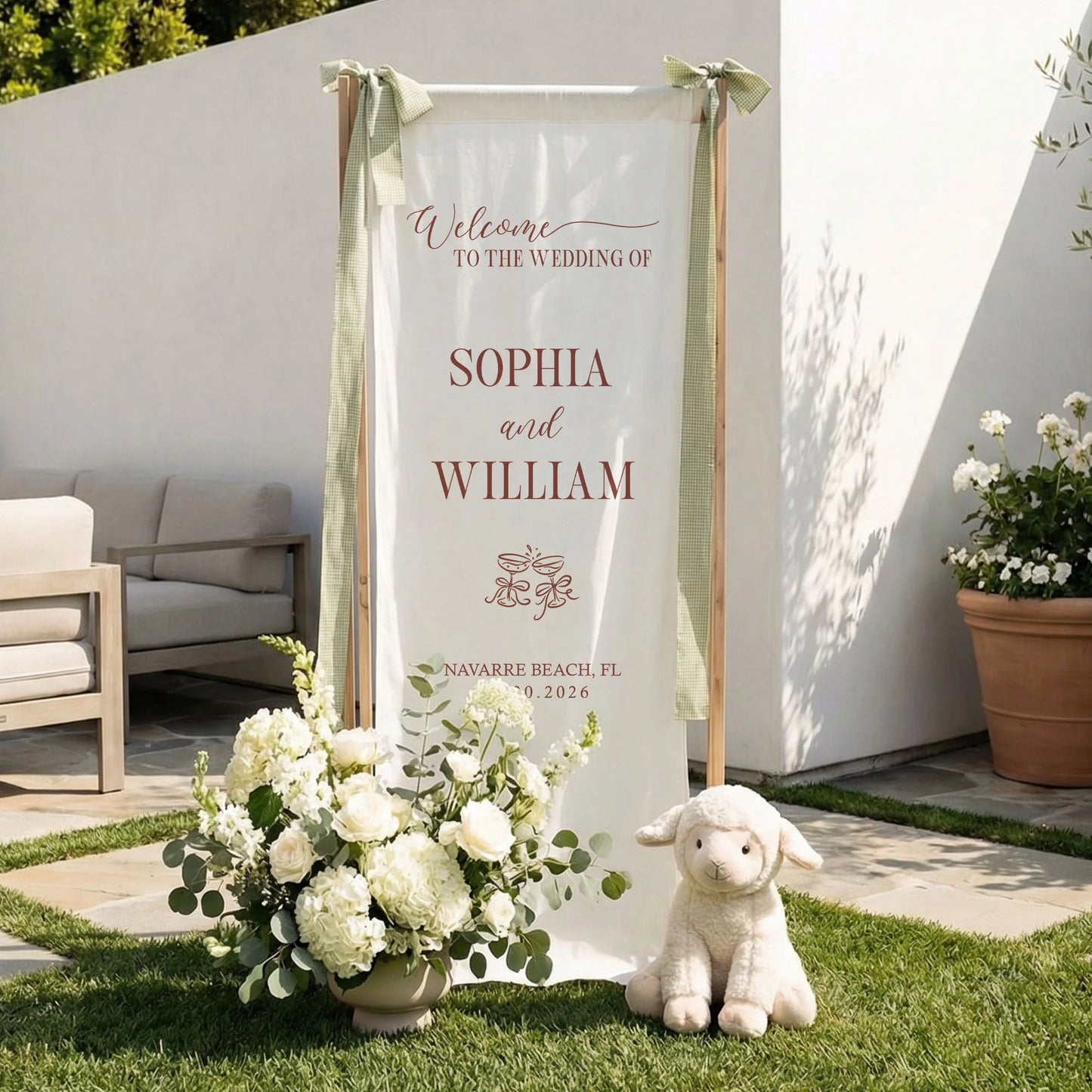 Floral Wedding Banner Stand Personalized Wedding Welcome Sign Custom Name Linen Wedding Decor