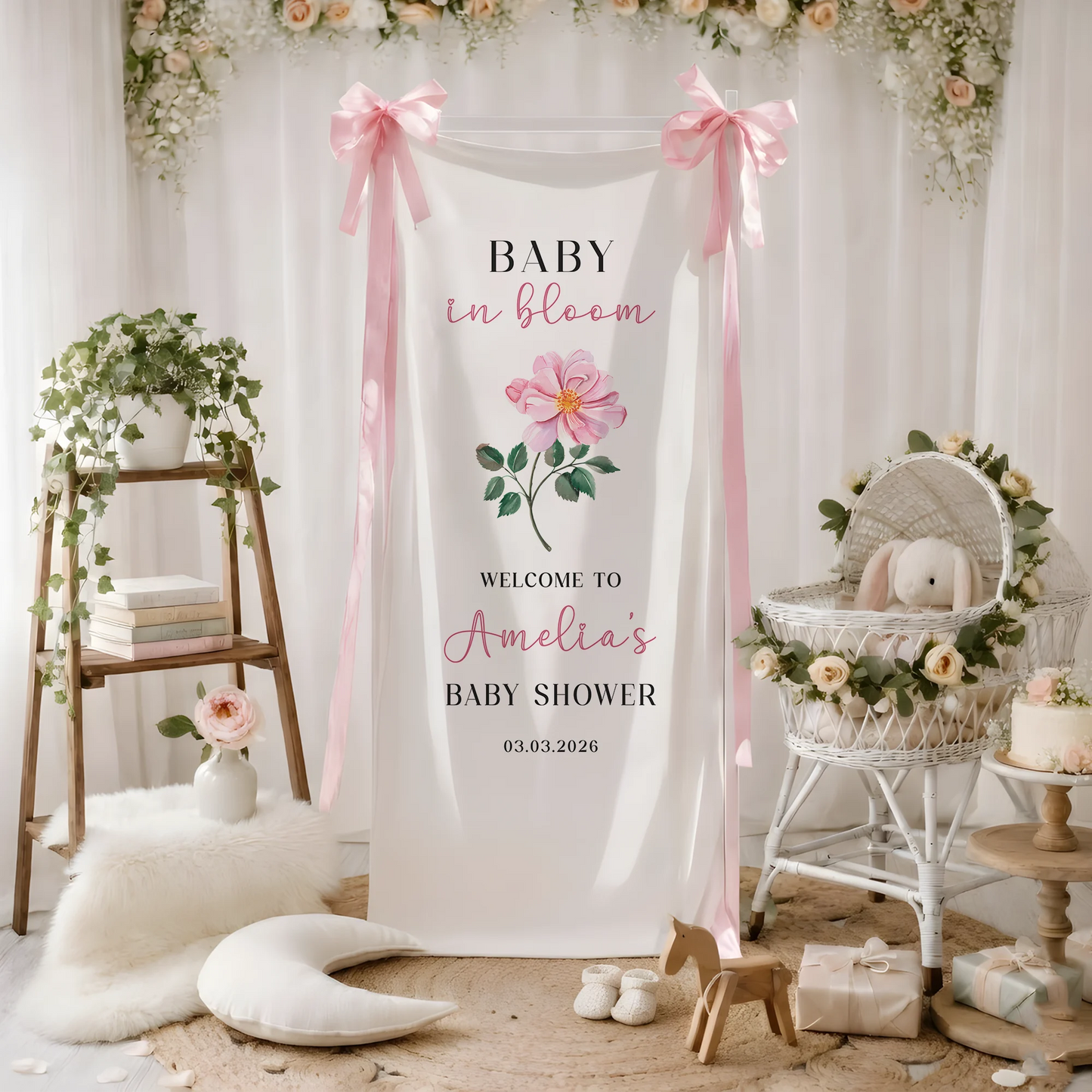 Floral Baby Shower Banner Stand Personalized Baby in Bloom Welcome Sign Custom Name Baby Shower Decor