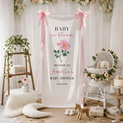 Floral Baby Shower Banner Stand Personalized Baby in Bloom Welcome Sign Custom Name Baby Shower Decor