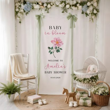 Floral Baby Shower Banner Stand Personalized Baby in Bloom Welcome Sign Custom Name Baby Shower Decor