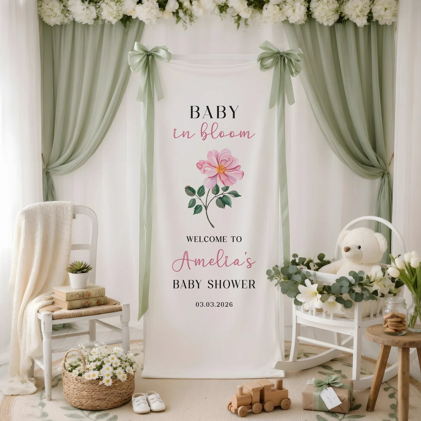 Floral Baby Shower Banner Stand Personalized Baby in Bloom Welcome Sign Custom Name Baby Shower Decor