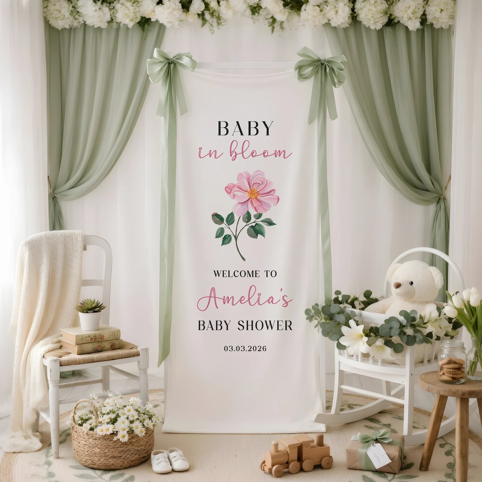 Floral Baby Shower Banner Stand Personalized Baby in Bloom Welcome Sign Custom Name Baby Shower Decor