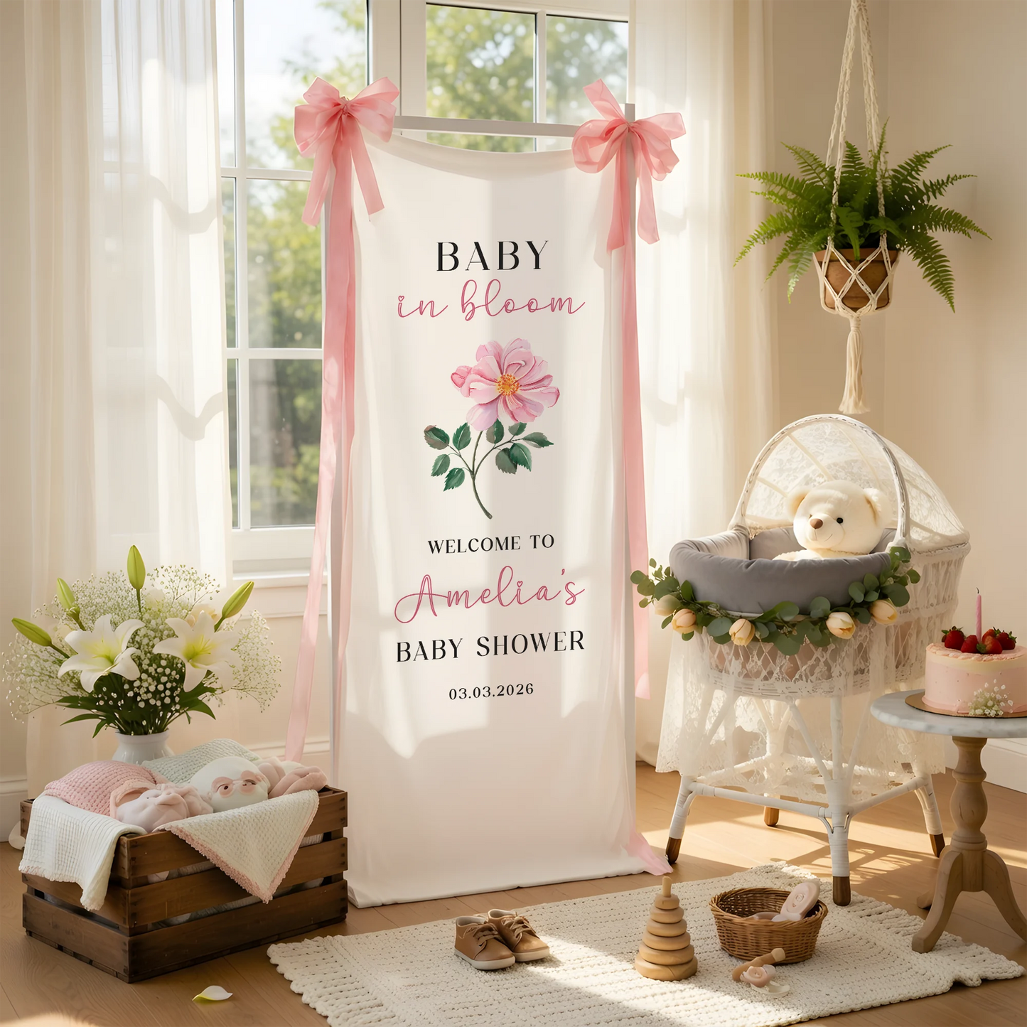 Floral Baby Shower Banner Stand Personalized Baby in Bloom Welcome Sign Custom Name Baby Shower Decor