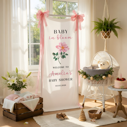 Floral Baby Shower Banner Stand Personalized Baby in Bloom Welcome Sign Custom Name Baby Shower Decor