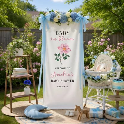 Floral Baby Shower Banner Stand Personalized Baby in Bloom Welcome Sign Custom Name Baby Shower Decor