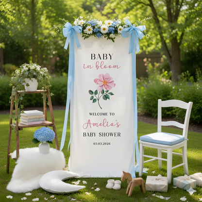 Floral Baby Shower Banner Stand Personalized Baby in Bloom Welcome Sign Custom Name Baby Shower Decor