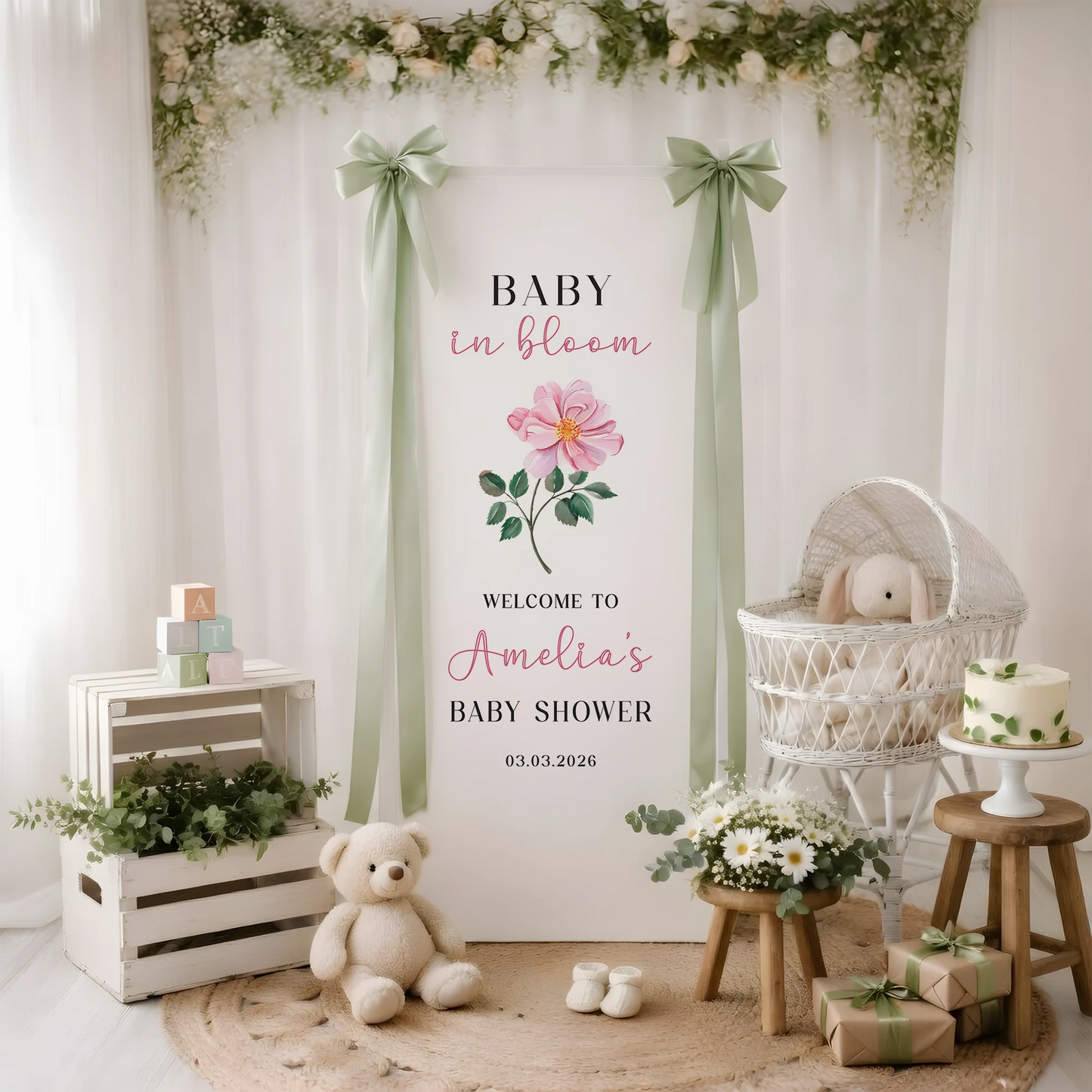 Floral Baby Shower Banner Stand Personalized Baby in Bloom Welcome Sign Custom Name Baby Shower Decor