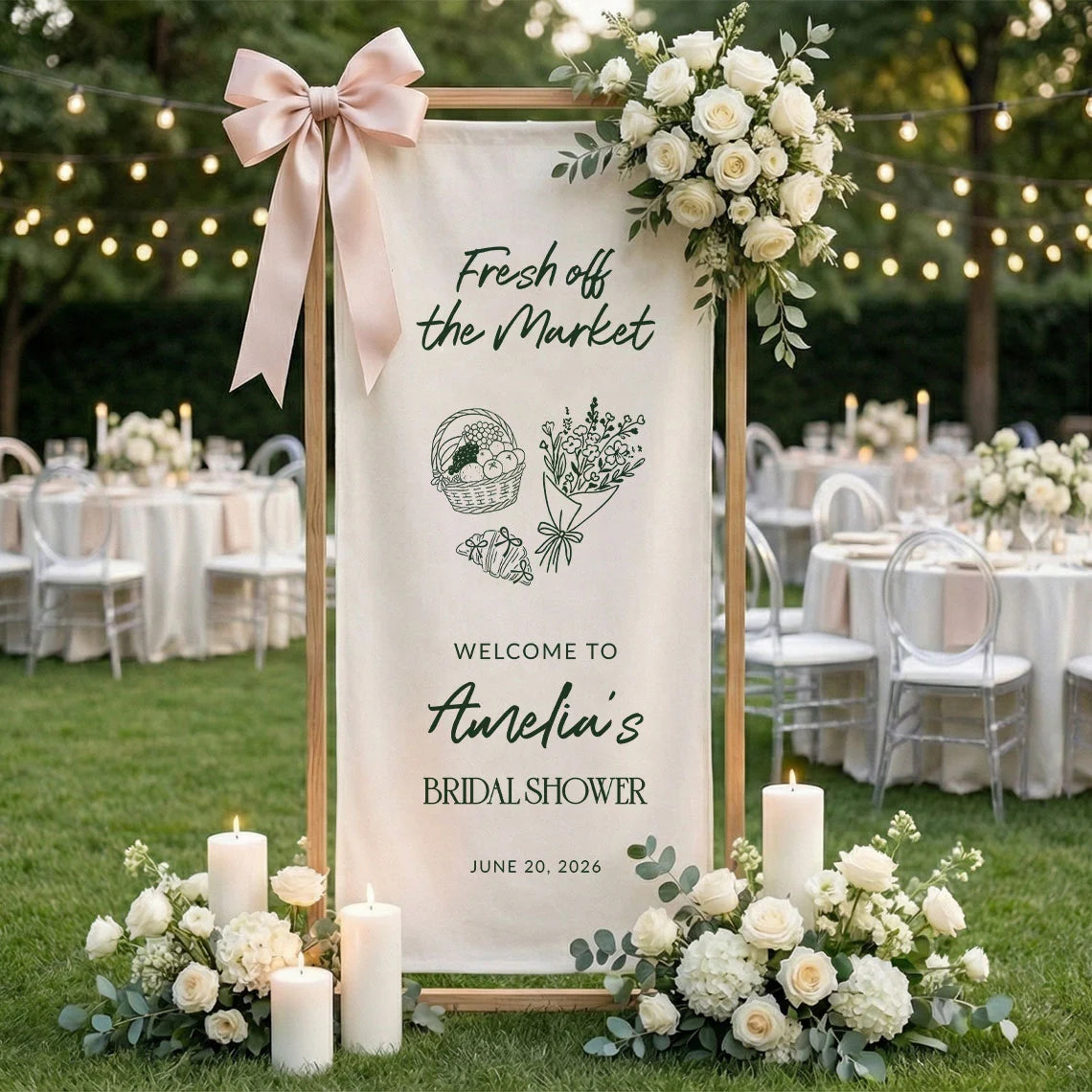 Farmers Market Bridal Shower Banner Stand Personalized Bridal Shower Welcome Sign Custom Name Linen Decor