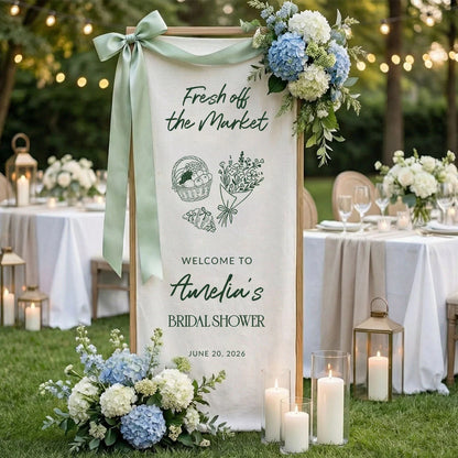 Farmers Market Bridal Shower Banner Stand Personalized Bridal Shower Welcome Sign Custom Name Linen Decor