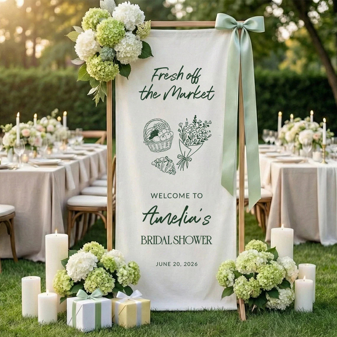 Farmers Market Bridal Shower Banner Stand Personalized Bridal Shower Welcome Sign Custom Name Linen Decor