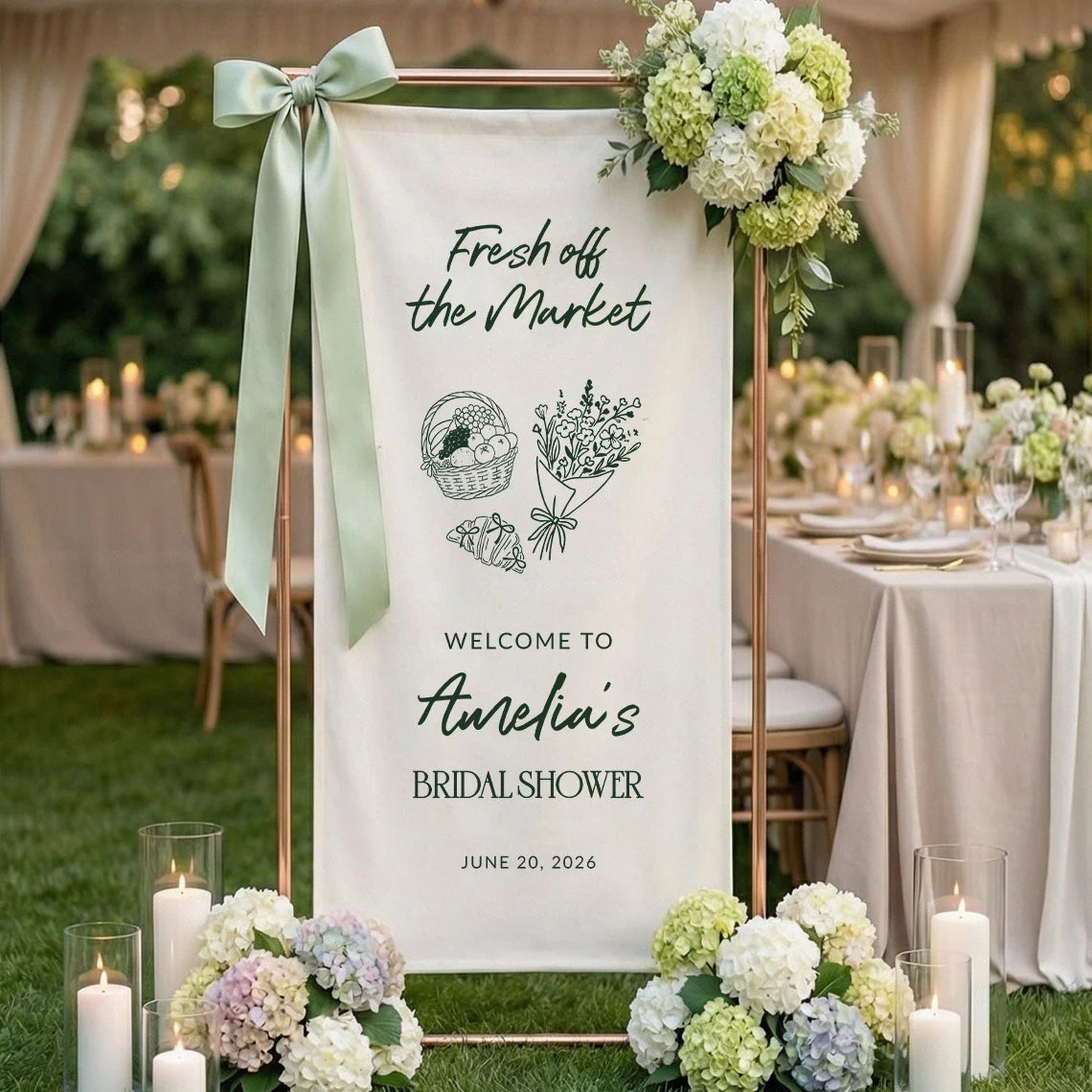 Farmers Market Bridal Shower Banner Stand Personalized Bridal Shower Welcome Sign Custom Name Linen Decor