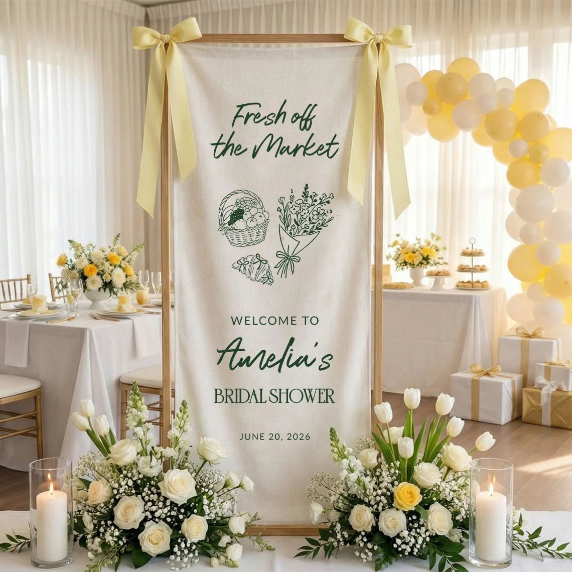 Farmers Market Bridal Shower Banner Stand Personalized Bridal Shower Welcome Sign Custom Name Linen Decor