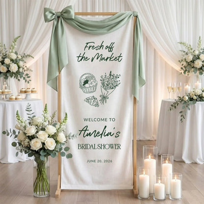 Farmers Market Bridal Shower Banner Stand Personalized Bridal Shower Welcome Sign Custom Name Linen Decor