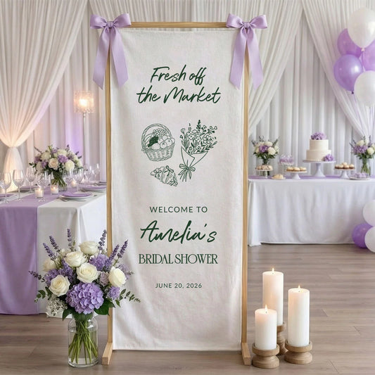 Farmers Market Bridal Shower Banner Stand Personalized Bridal Shower Welcome Sign Custom Name Linen Decor